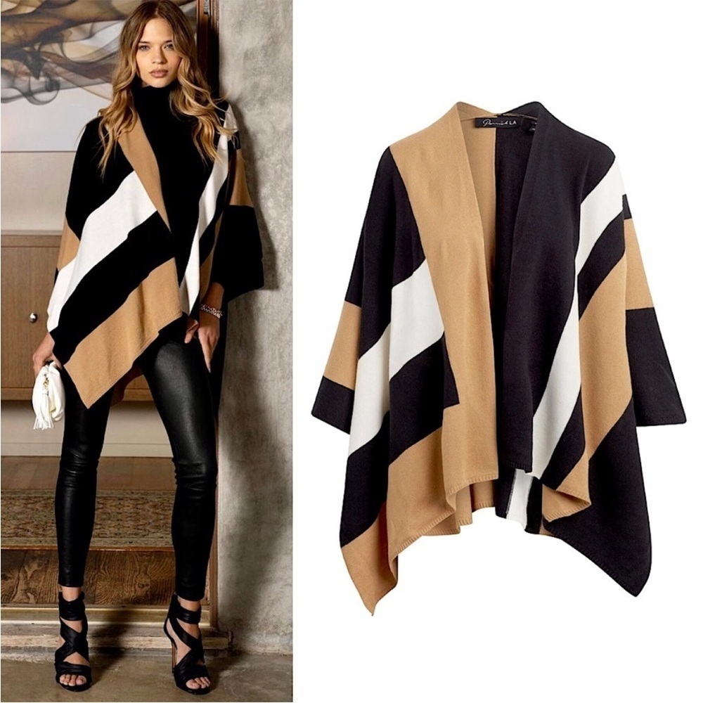 Parrish LA Stevie Poncho One Size Rachel Zoe Curateur Box ColorBlock Poncho